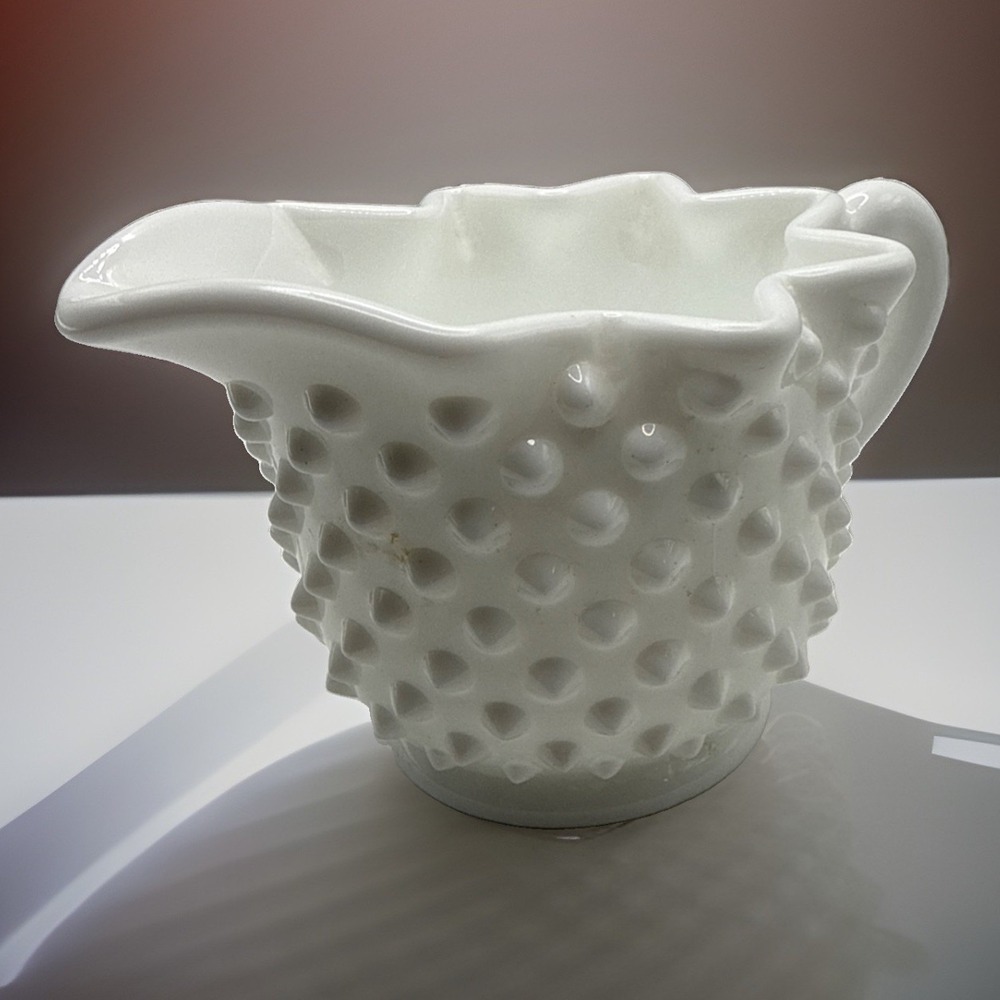 Vintage Fenton Style Hobnail Milk Glass Crimped Creamer Pitcher